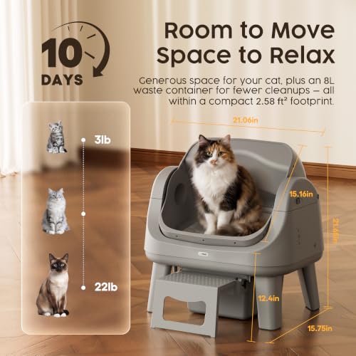 PetPivot Open Top Self Cleaning Cat Litter Box, Automatic Litter Box with 7 Pairs of Safety Sensors, Anti-Pinch Protection and Easy Access Step for Senior Cats, Dark Grey