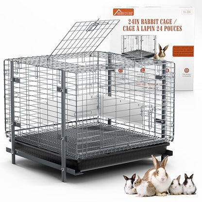 HOMESTEAD Rabbit Cage with Pull-Out Tray – 24 Inch Bunny Cage, Metal Rabbit Breeding Cage, Dual Access Doors, Waterproof Bottom & Urine Guard