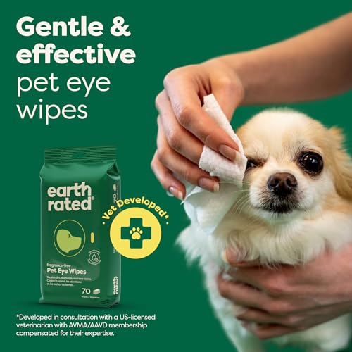 Earth Rated Vet-Developed Dog Eye Wipes, Hypoallergenic Pet Wipes for Dogs & Cats to Remove Dirt & Discharge, Fragrance Free, 70 Count