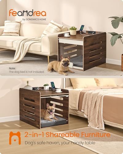 Feandrea Modern Dog Crate Furniture with Charging Station, Medium Kennel Indoor with Flip-up Hidden Acrylic Door, for Small and Medium Dogs up to 45 lb, Pet Side End Table Cage, Natural Walnut