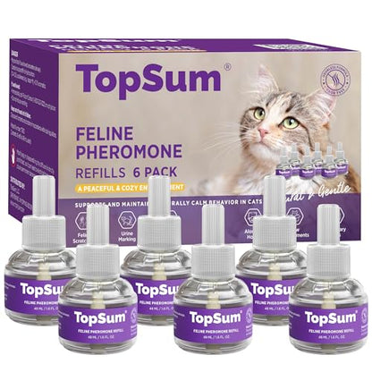 TopSum Cat Calming Diffuser Refill: 6 Refills Top Value Pack Cat Pheromones Calming Diffuser Refill – Helps Reduce Scratching Peeing Meowing Hiding Urine Marking Aggression (6 Refills)
