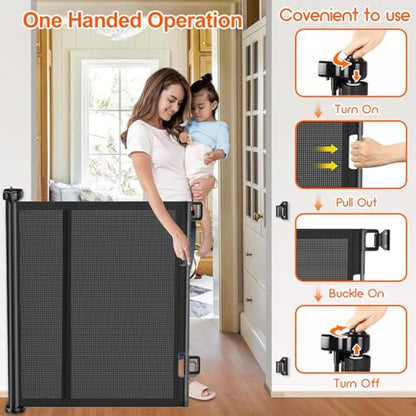 Upgrade 120 inch Retractable Baby Gates, EZIGO Extra Wide Baby Gate for Large Opening Extra Long Mesh Gate for Kids or Pet Dog Gate Child Safety Gate for Stairs Hallways Doorway Indoor Outdoor, Black