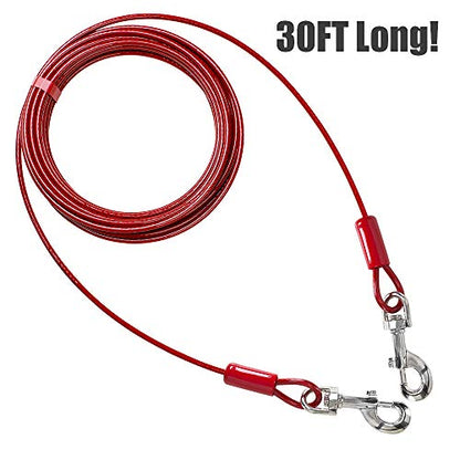 BV Dog Tie Out Cable 30 Feet - Heavy Duty Dog Lead Up to 125 Pounds - Reflective & Rust-Free with Quick Release Swivel Clips & 360° Rotating Clasp - Tangle-Free Dogs Runner for Yard (Red, Single)