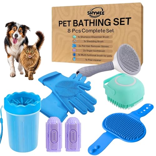 8PCs Dog Grooming Kit - Dog Shampoo Brush | Washing Gloves | Adjustable Dog Bath Brush | Dog Paw Cleaner | 2X Toothbrush | Dog Scrubber For Bath & Massage - Grooming & Bath Supplies for Dogs and Cats