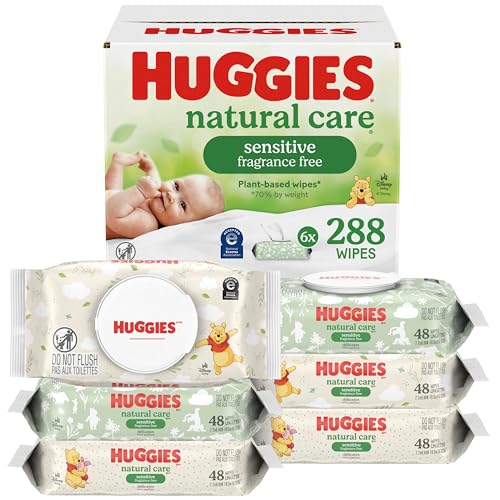 Huggies Natural Care Sensitive Baby Wipes, Unscented, 6 Packs, 288 Wipes | Fragrance Free, Gentle Clean, Hypoallergenic, Dermatologist Tested, No Harsh Irritants, 1-Handed Dispensing