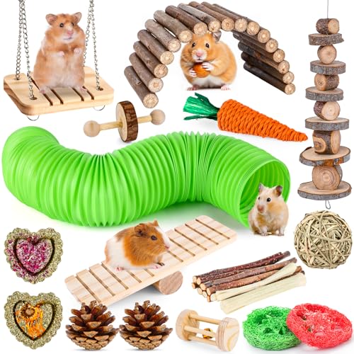 VESPRO Hamster Toys Set, Guinea Pig Toys Small Animal Chewing Toy and Rat Cage Accessories, Chinchillas, Gerbils, Rats, Rabbit Rodents Teeth Care, Apple Wood Timothy Hay Mouse Toy Swing Seesaw Bridge