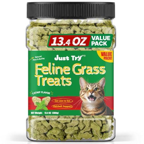 Just Try Cat Grass Treats for Indoor Cats Hairball Control 13.4 OZ | Catnip for Cats,Dental Care,Natural Salmon,Healthy Cat Grass Treats,Kitten Snacks,Training Biscuits