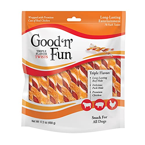 Good 'n' Fun Triple Flavor Twists for All Dogs, 70 Count, Treat Your Dog to Long-Lasting Chews Made with Beef Hide, Pork Hide and Chicken