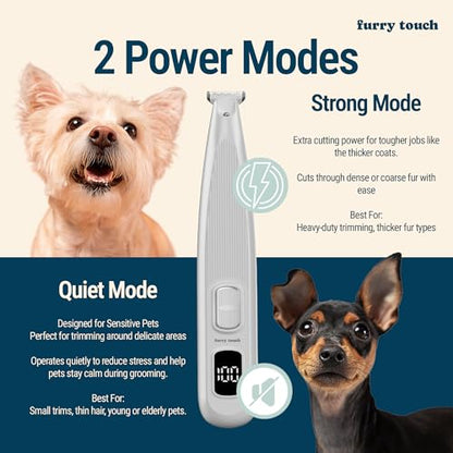 Furry Touch Dog Paw Trimmer - Electric Cordless Pet Clippers for Dogs & Cats - Quiet Dual-Speed Groomer with Pet-Safe Blade for Feet, Ears, Face - USB-C Rechargeable - with Travel Bag, Comb & Brush