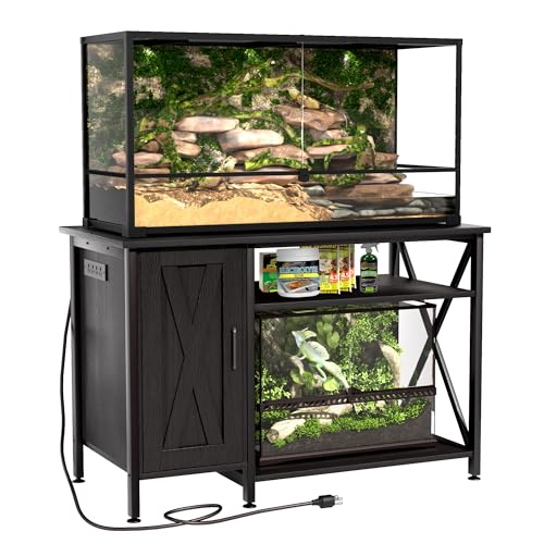 Herture 40-120 Gallon Reptile Tank Stand with Power Outlet, Terrarium Stand with Storage Cabinet, 48" X 24" Tabletop, Reptile Terrarium,Turtle Tank Black PG08XYB