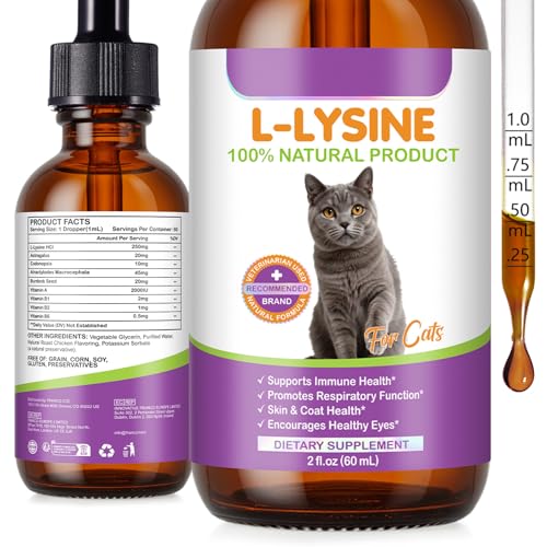 L-Lysine Drops for Cats, Lysine Supplement for Cats, Support Immune System, Respiratory Health & Eyes Function, Skin & Coat Health, Pets Health Supplies Cat Multivitamins, Chicken Flavor - 2 fl.oz