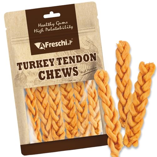 A Freschi srl Turkey Tendons for Dogs, Healthy Dog Treats, Rawhide-Free Puppy Chews, All Natural, Hypoallergenic Dog Treats, USA-Sourced Dog Snack, Dog Biscuit, Braided Sticks, 3.5 oz Pack