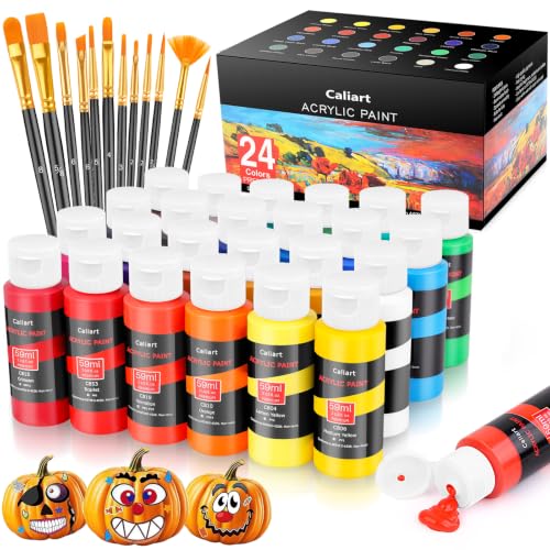 Caliart Acrylic Paint Set of 24 Colors with 12 Brushes | Craft Painting Kit for Artists Adults Beginners, Halloween Pumpkin Canvas Wood Rock Ceramic Fabric Art Supplies
