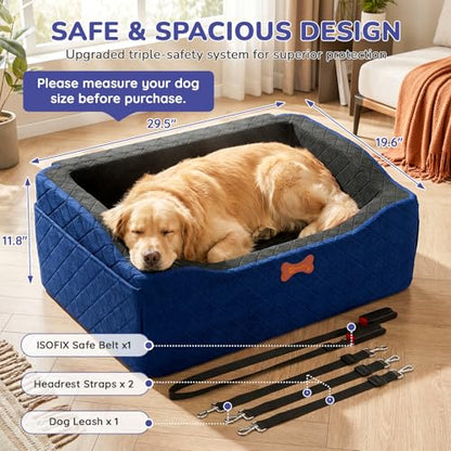 Dog Car Seat for Medium Large Dogs, 4" Elevated Dog Booster Seat with ISOFIX Safety Fixation, Washable Cover & High Density Memory Foam, Portable for Car Front/Rear/Trunk Home Outdoor Use (Navy Blue)