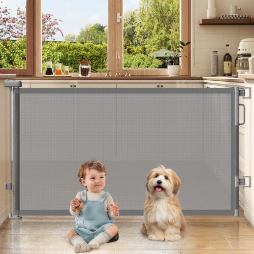Retractable Baby Gates for Doorways, 58" Extra Wide Mesh Child Dog Gate for Stairs, 34" Tall Toddler Pet Gate Indoor and Outdoor, Easy Install, Home Necessity, Gray