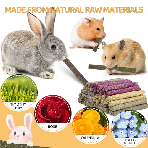 52Pcs Rabbit Chew Sticks, Guinea Pig Toys, Natural Timothy Grass Molar Teeth Stick, Mixing Flowers, Roses, Calendula and Forget Me Not, Small Animals Treats
