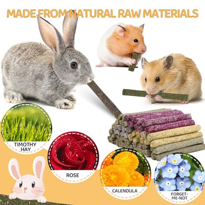 52Pcs Rabbit Chew Sticks, Guinea Pig Toys, Natural Timothy Grass Molar Teeth Stick, Mixing Flowers, Roses, Calendula and Forget Me Not, Small Animals Treats