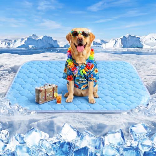 QOKO Dog Cooling Mat for Large Dogs, Long-Lasting Cool Pad for Dogs Outdoor & Indoor Use w Waterproof Cover, Summer Cooling Pet Bed 36" x 26", Non-Slip Washable Pet Blanket (Cryo Ice Blue)