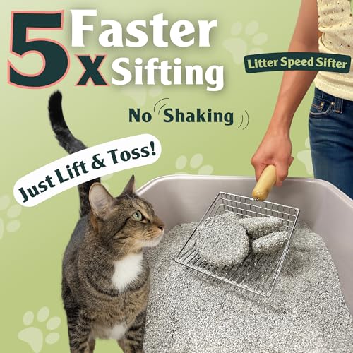 Sprinkle & Sweep Metal Cat Litter Scoop - Heavy Duty Litter Scooper & Speed Sifter with Comfortable Beech Wood Grip - Washable Convenient Stand for Easy and Efficient Cleaning
