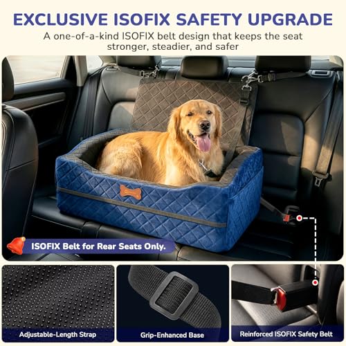 Dog Car Seat for Medium Large Dogs, 4" Elevated Dog Booster Seat with ISOFIX Safety Fixation, Washable Cover & High Density Memory Foam, Portable for Car Front/Rear/Trunk Home Outdoor Use (Navy Blue)