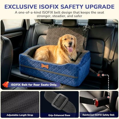 Dog Car Seat for Medium Large Dogs, 4" Elevated Dog Booster Seat with ISOFIX Safety Fixation, Washable Cover & High Density Memory Foam, Portable for Car Front/Rear/Trunk Home Outdoor Use (Navy Blue)