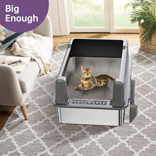 XXXL Stainless Steel Cat Litter Box with High Sides, 28" L x 20" W x 14" H Extra Large Litter Box for Big Cats and Multiple Cats, Enclosure Cat Litter Pan with Anti-Urine Leakage, Easy Clean