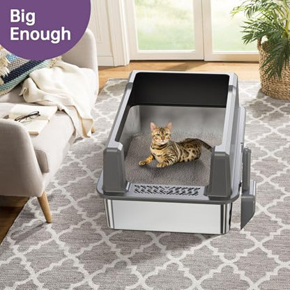 XXXL Stainless Steel Cat Litter Box with High Sides, 28" L x 20" W x 14" H Extra Large Litter Box for Big Cats and Multiple Cats, Enclosure Cat Litter Pan with Anti-Urine Leakage, Easy Clean