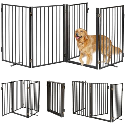 Paulmele Metal Freestanding Dog Gates with Door for Outdoor Indoor,80'' Extra Wide 32'' Tall Free Standing Dog Gate for Doorways,Large Openings,Deck,Porch,Foldable Safety Pet Dog Fence(Black,4 Panels)