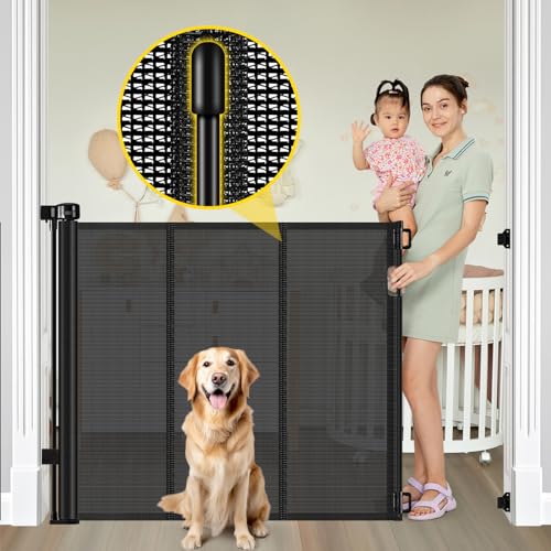 Reinforced 42” Extra Tall Retractable Baby Gates with Rods, Extends up to 60" Wide, Tall Retractable Dog Gate for Doorways Prevent Crawling Through Mesh Pet Gate Indoor Outdoor, Black