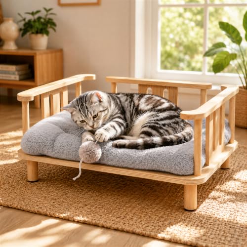 Summark Elevated Cat Bed with Plush Mattress | Indoor Cat Furniture Bed for Cats or Small Dogs, Solid Wood Frame Cat Couch & Dog Sofa, Sturdy and Durable