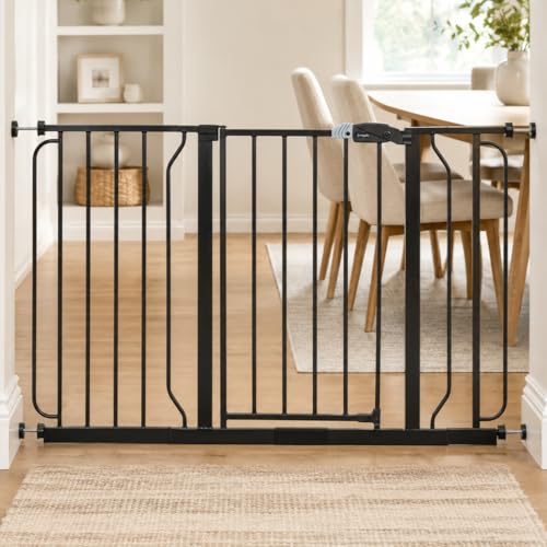 Regalo Safety 29"-49" Extra Wide Baby Gate, Bottom of Stairs & Doorways | Pressure Mounted with Door, For Babies, Toddlers & Pets, Black, Tested & Trusted for 30 Years, Baby Safety Alliance Certified