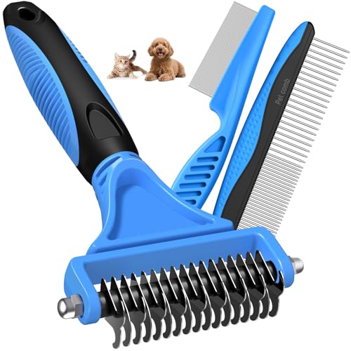 3PCS Pet Grooming Rake & Metal Comb & Flea Comb for Cats and Dogs - Double-Sided Dematting Tool