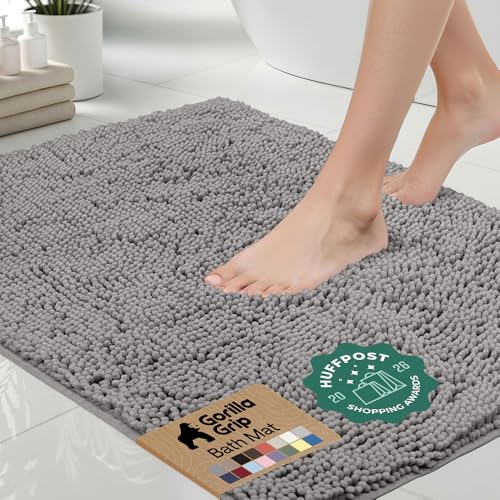 GORILLA GRIP Bath Rug Mat for Bathroom, Absorbent Chenille, 24x17 Gray