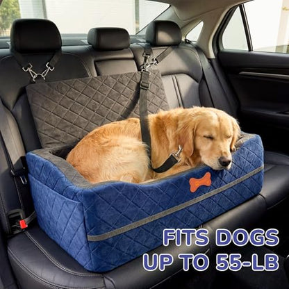 Dog Car Seat for Medium Large Dogs, 4" Elevated Dog Booster Seat with ISOFIX Safety Fixation, Washable Cover & High Density Memory Foam, Portable for Car Front/Rear/Trunk Home Outdoor Use (Navy Blue)