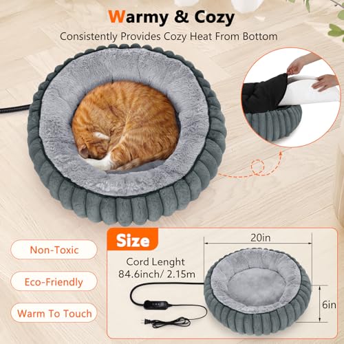 INVENHO Heated Cat Beds for Indoor Cats and Small Dogs, 20" Cozy Donut Heated Pet Bed with Timer & Temp Adjustable, Removable Waterproof Electric Warming Bed for Indoor Cat