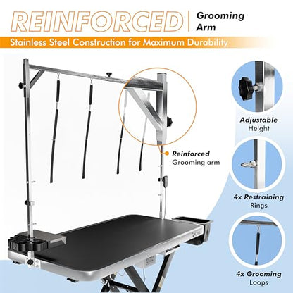 KANIS Professional Electric Dog Grooming Table - Heavy Duty, Height Adjustable Pet Grooming Table w/Leveling Wheels, Grooming Arm, Anti Slip Tabletop & Tool Organizer/Dog Grooming Station (49", BLACK)