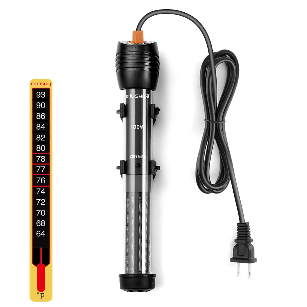 Orlushy Submersible Aquarium Heater,100W Adjustable Fish Tahk Heater with 2 Suction Cups Free Thermometer Suitable for Marine Saltwater and Freshwater