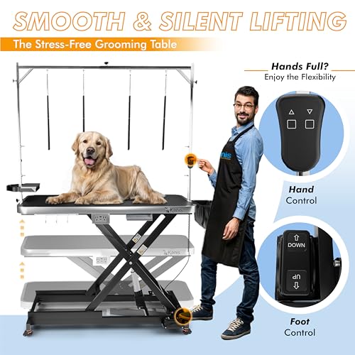 KANIS Professional Electric Dog Grooming Table - Heavy Duty, Height Adjustable Pet Grooming Table w/Leveling Wheels, Grooming Arm, Anti Slip Tabletop & Tool Organizer/Dog Grooming Station (49", BLACK)