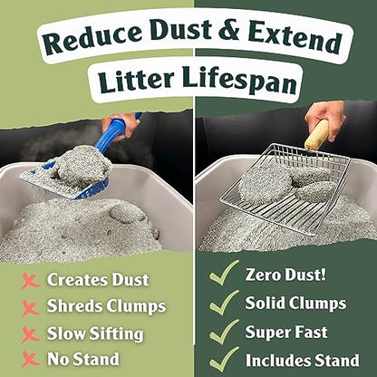 Sprinkle & Sweep Metal Cat Litter Scoop - Heavy Duty Litter Scooper & Speed Sifter with Comfortable Beech Wood Grip - Washable Convenient Stand for Easy and Efficient Cleaning