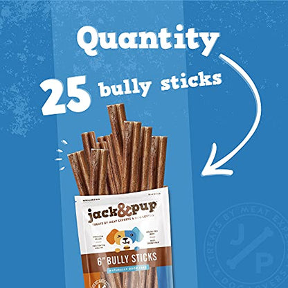 Jack&Pup 6 Inch Standard Bully Sticks for Dogs (25 Pack) Odor Free Bully Sticks for Large Dogs, All Natural Beef Pizzle Sticks