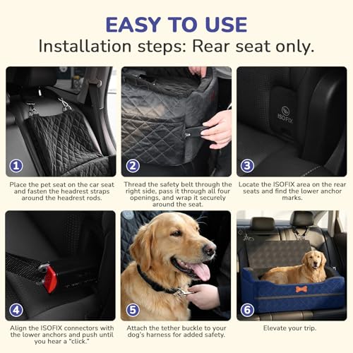 Dog Car Seat for Medium Large Dogs, 4" Elevated Dog Booster Seat with ISOFIX Safety Fixation, Washable Cover & High Density Memory Foam, Portable for Car Front/Rear/Trunk Home Outdoor Use (Navy Blue)