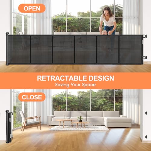 Upgrade 120 inch Retractable Baby Gates, EZIGO Extra Wide Baby Gate for Large Opening Extra Long Mesh Gate for Kids or Pet Dog Gate Child Safety Gate for Stairs Hallways Doorway Indoor Outdoor, Black