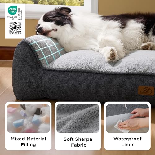 Bedsure SupportMax™ Orthopedic Dog Beds Large Sized Dog - Extra Thick Supportive Large Dogs Bed with Waterproof Washable Cover, L Plus Comfort Pet Sofa with Soft Sherpa and Nonskid Bottom, Grey, 38"
