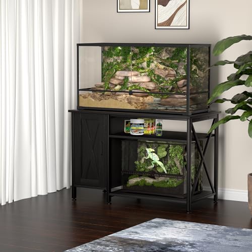 Herture 40-120 Gallon Reptile Tank Stand with Power Outlet, Terrarium Stand with Storage Cabinet, 48" X 24" Tabletop, Reptile Terrarium,Turtle Tank Black PG08XYB