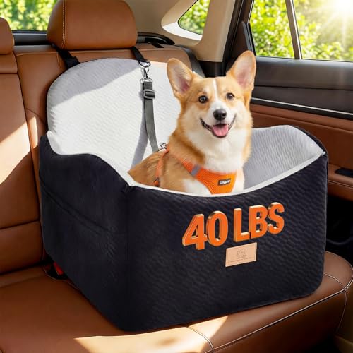 Dog Car Seat for Medium/Small Dogs, Dog Booster Car Seat, Pet Booster Seats Up to 40lbs with Waterproof Layer, 3 Storage Pockets and Safety Belt (Black/Grey)