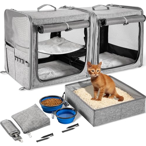 Suertree Extra Large Cat Carrier for 2 Cats with Travel Litter Box, 2-in-1 Foldable Soft Pet Car Travel Carrier with Zipper Locks for Multiple Cats Small Dogs Up to 45 Lbs, Gray