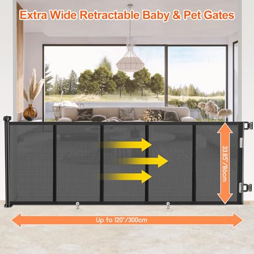 Upgrade 120 inch Retractable Baby Gates, EZIGO Extra Wide Baby Gate for Large Opening Extra Long Mesh Gate for Kids or Pet Dog Gate Child Safety Gate for Stairs Hallways Doorway Indoor Outdoor, Black