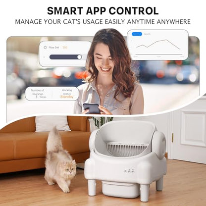 Self Cleaning Litter Box,Open Top Automatic Litter Box with App Control for Multiple Cats, Safety Sensors Protection, Odor Control Includes 2 roll Liners,Large Waste Bin, Cream White
