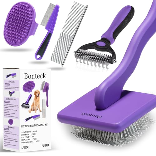 Bonteck Dog Slicker Brush for Dogs Grooming Kit 5PCS Long Haired Doodles | Goldendoodles Poodles, Skin Friendly Deshedding, Comb and Rake, Removes Undercoat, Professional Detangling, Large, Purple