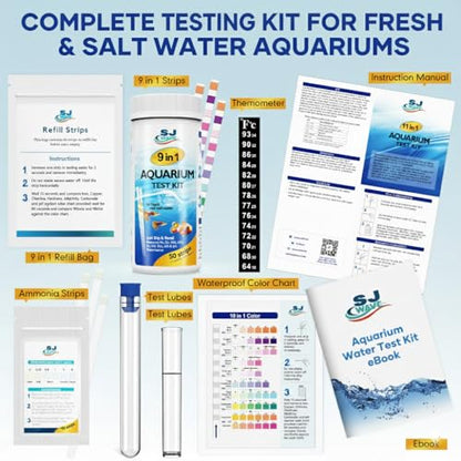 11 in 1 - Aquarium Test Strips | 950 Tests - 150 Strips | Fish Tank Aquariums Water Test Kit & ebook | Aquarium Thermometer | Fish Tank Water Testing Kit Includes 50 Ammonia Strips | Versatile Usage